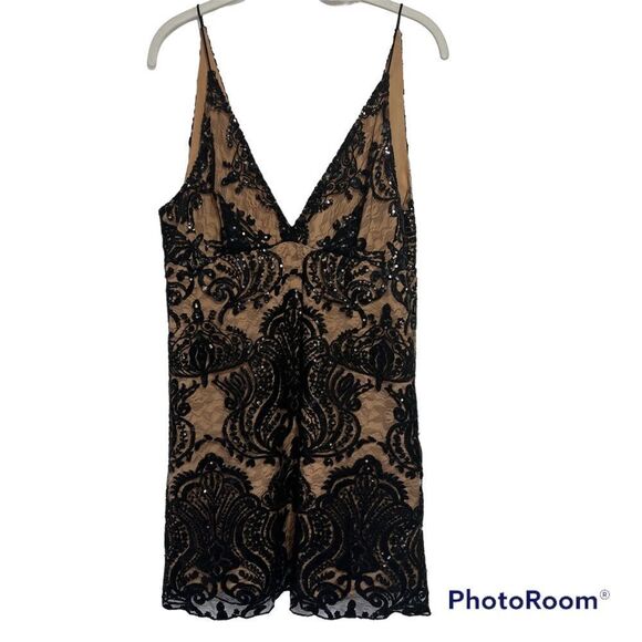 Free People Sequined Mini Dress Womens 4 Black Slip Lace Sparkle Sexy Party - Picture 6 of 9